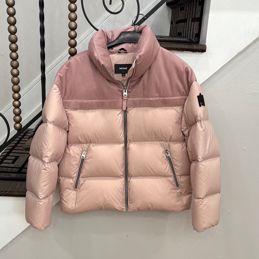 Mackage Pink Puffer Jacket with Corduroy Accents